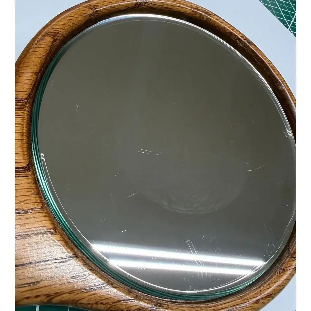 Vintage Solid Oak Wood Handheld Mirror Beveled Glass Round Hand Mirror Vanity 12